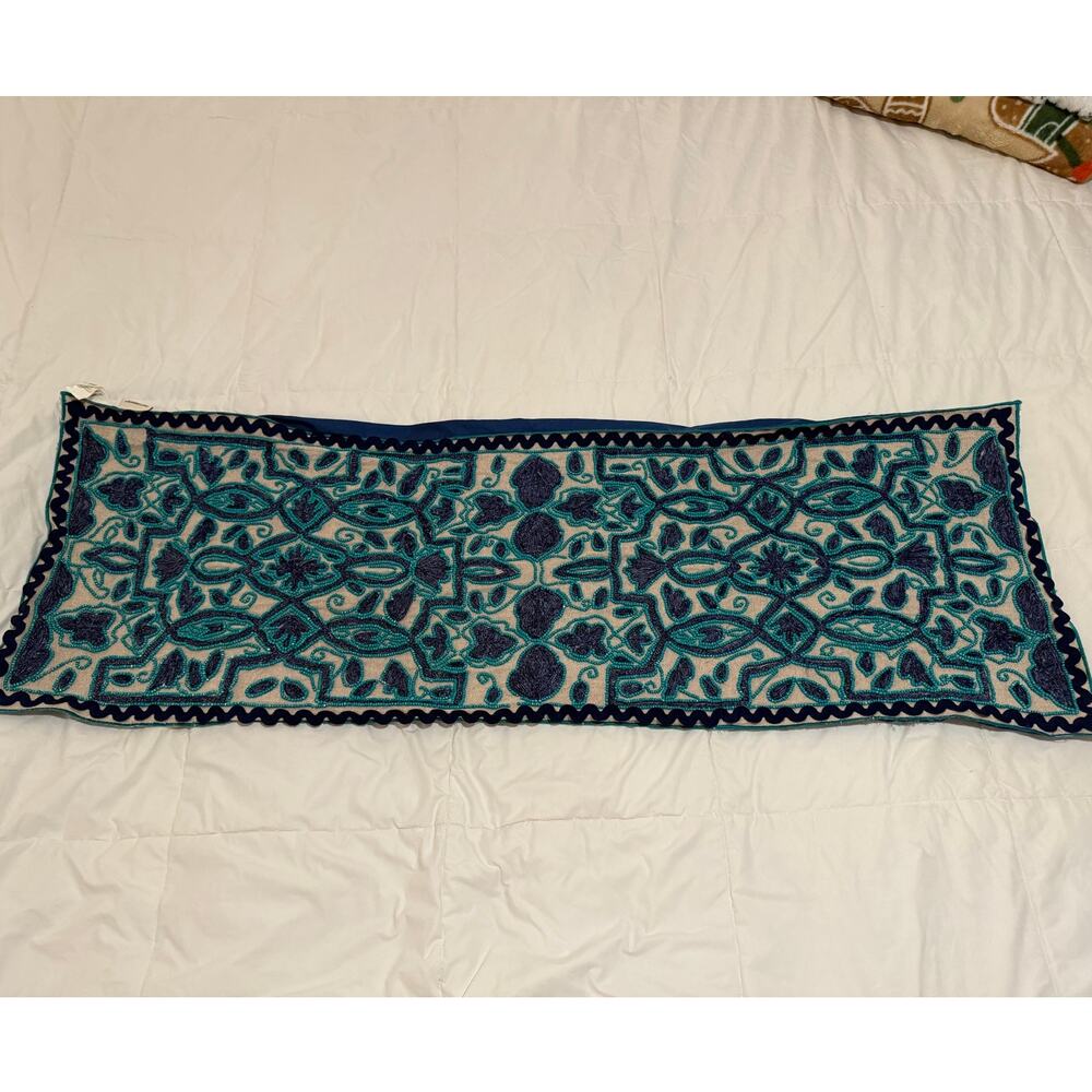 Pier 1 Imports Blue & Teal Beaded Embroidered Table Runner 15”x 43” Boho Coastal